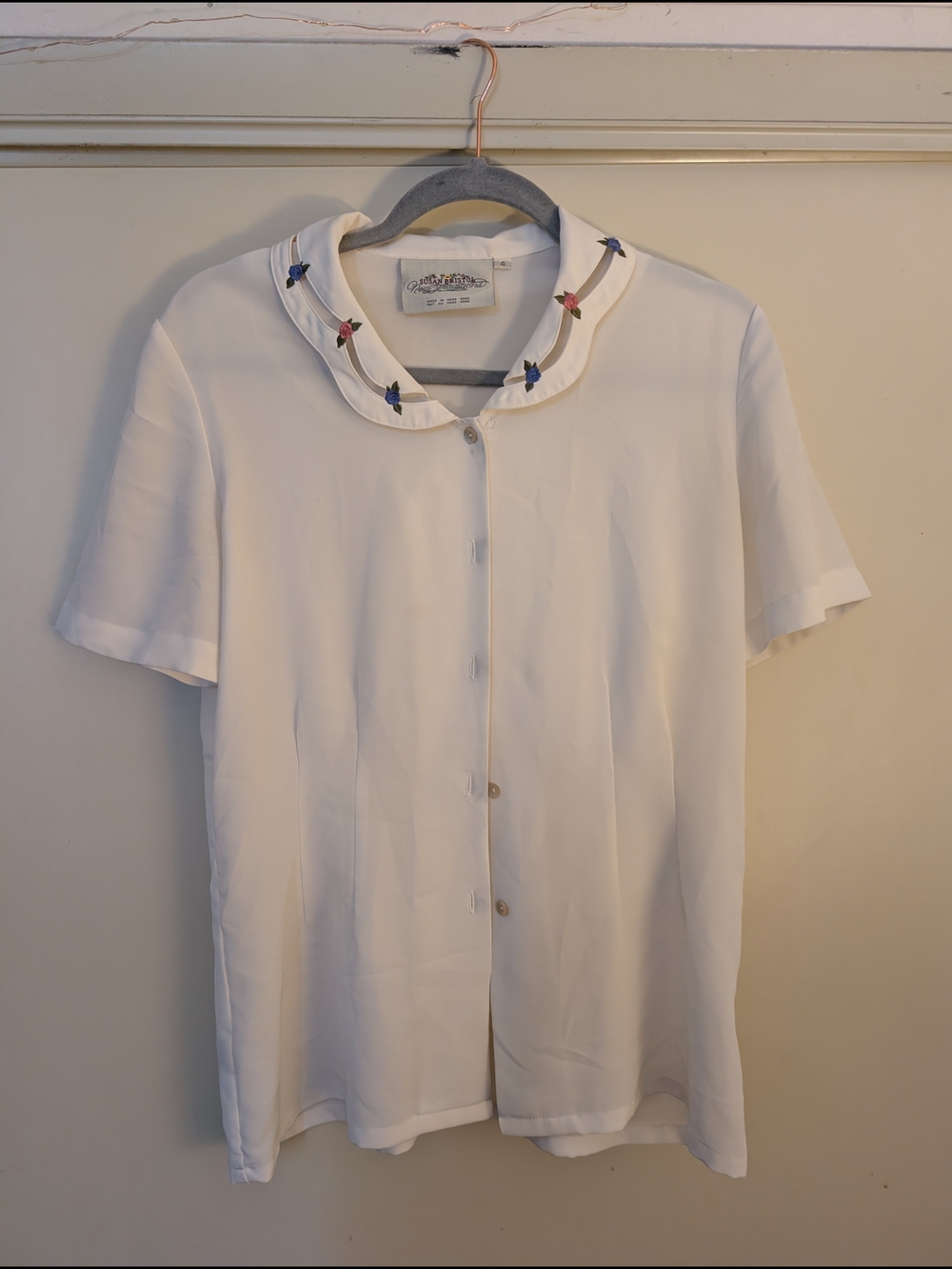 Vintage Susan Bristol White Blouse with Pink and Blue Floral Embroidery